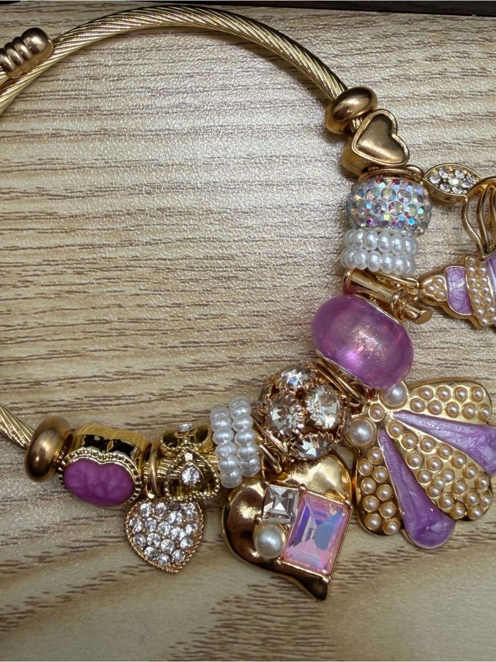 Gold-Tone Pink Charm Bracelet with Pearl and Crystal Accents